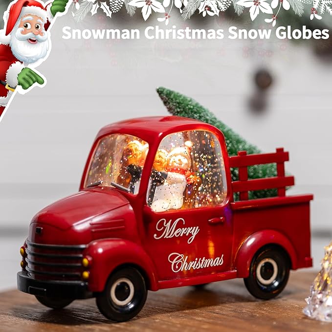 Snowman Christmas Snow Globes Red Truck Carrying Christmas Tree Water Lantern, 8 Christmas Music, Holiday Decorations Gifts for Family, Children or Friends