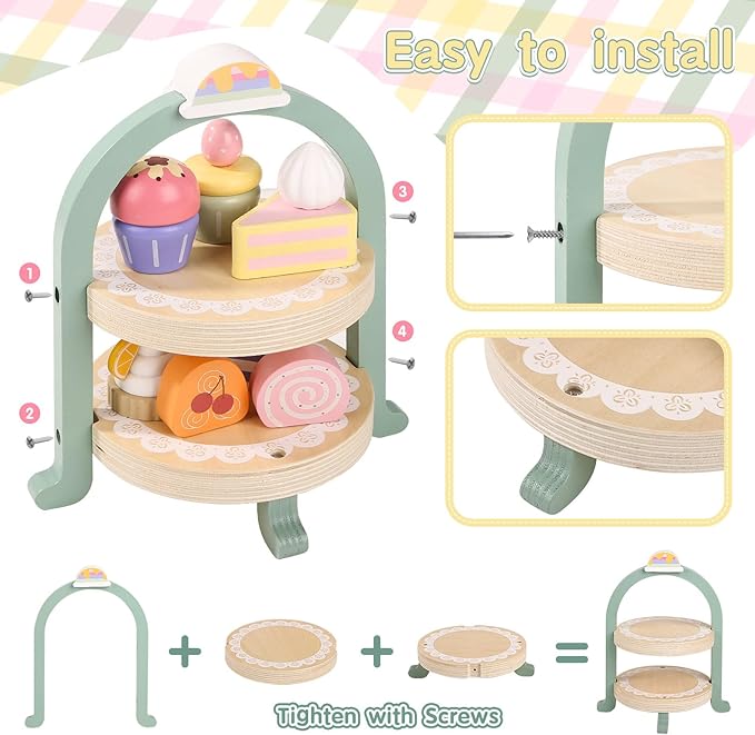 Wooden Tea Party Set for Little Girls, Toddler Tea Set with Cupcake Stand & Food Dessert, Pretend Play Food Kitchen Accessories for Kids Girls Age 2 3 4 5 6 Birthday Gift Wood Educational Toys