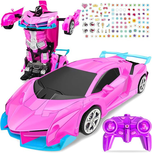 Rc Car, Remote Control Car Toys for Girls Birthday Gifts, 1:18 Pink Transform Robot Toy Cars with 360° Rotating Led Lights & One Button Deformation Transform Toys for Kids 3 4 5 6 7 8+