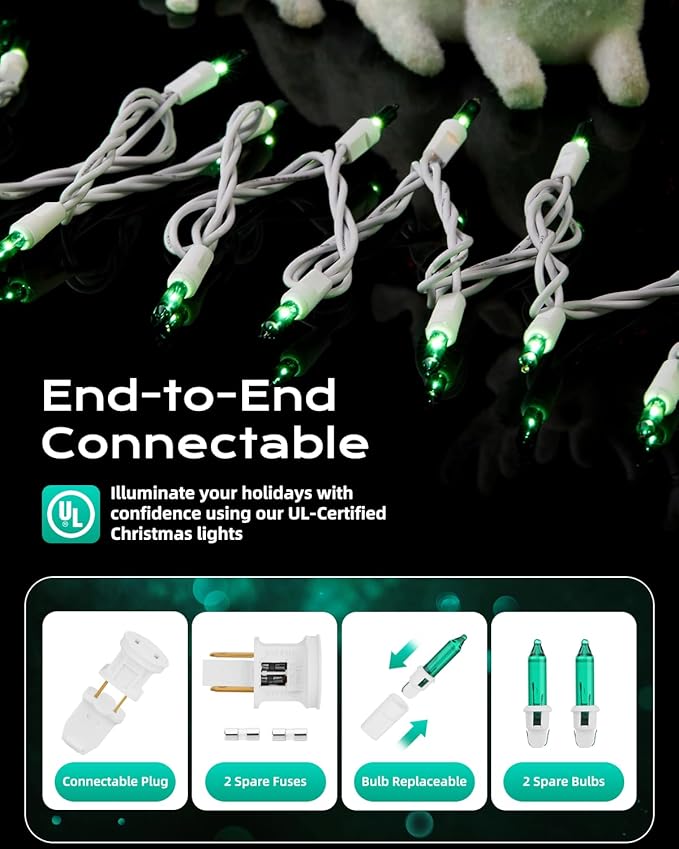 Brightown Green Christmas String Lights, 100-Count 26.5ft Incandescent Bulb Mini Lights for St. Patrick's Day Decor, Christmas Tree Garland Wedding Party Multi-Use Festival Decoration, White Wire