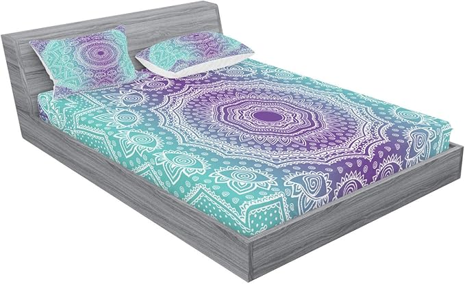Ambesonne Purple and Turquoise Fitted Sheet & Pillow Sham Set, Hippie Ombre Mandala Inner Peace and Meditation with Ornamental Art, Decorative Printed 3 Piece Bedding Decor Set, Queen, Aqua