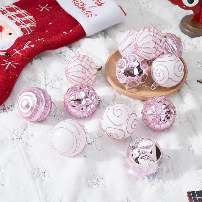 100Pcs Christmas Ball Ornaments Set, Shatterproof Plastic Pink and White Christmas Ornaments for Xmas Tree, Assorted Baubles Hanging Decorations for Holiday/Party/Wedding