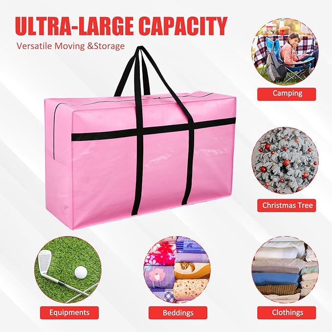 Windyun 4 Pack 57 Gallon Extra Large Storage Bags XXL Moving Bags with Zipper Handles Heavy Duty Jumbo Big Totes Box for Halloween Skeleton 4-12 Feet Christmas Tree Storage College Dorm Cloth (Pink)