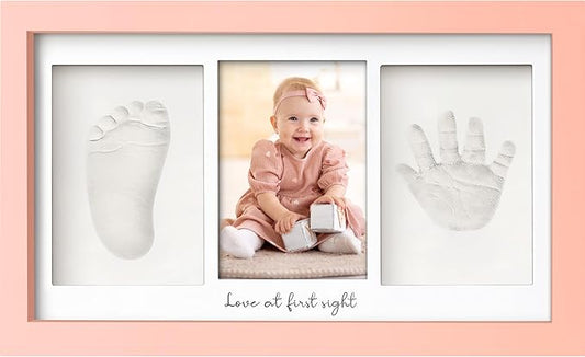 Baby Hand and Footprint Kit - Clay Handprint Keepsake Frame, Newborn Nursery Picture Frame, Personalized New Mom Gifts for Baby Shower & Registry (Sweet Pink)