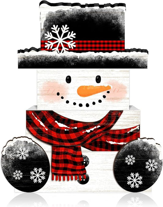 Britimes 4 Pcs Christmas Snowman Table Decor Christmas Tiered Tray Decorations Set Snowman with Plaid Scarf and Hat Block Signs Gift Rustic Farmhouse Tabletop Decor for Table & Home Office