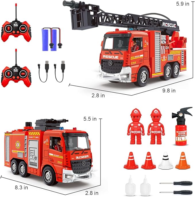 Remote Control Fire Truck, RC Fire Truck Toy Set, 2 Firetruck with Fire Extinguisher, 2 Dolls, 4 Traffic Cones, Lights, Sounds, Extendable Rescue Ladder, Firetruck Toy for Boys Kids