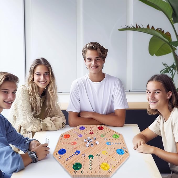 Original Marble Game Wahoo Board Game Double Sided Painted Wooden Fast Track Board Game for 8 Players 8 Colors 30 Marbles 8 Dice for Family Friends (8log)