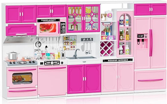 57 PCS Kitchen Playset for Girls, 5-in-1 Toddler Mini Kitchen with Realistic Lights & Sounds, Doll Kitchen House Toy, Mini Furniture Pretend Play Toys for Kids Age 3+, Pink