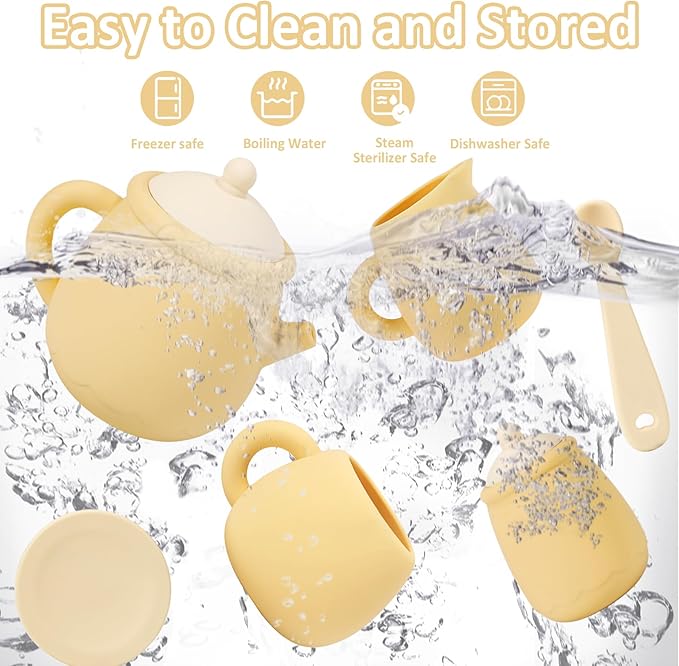 MCGMITT Toy Tea Set, Silicone Tea Party Set for Little Girls Boys, 15 Pcs BPA Free Dishwasher Safe Pretend Tea Set for Toddlers Kids Age 3-6, Non Breakable Cute Toy Kitchen Accessories for Children