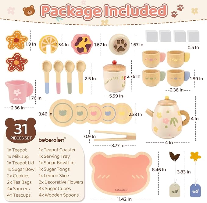 Tea Party Set for Toddlers 3-5 Girls Boy Birthday Gift Pretend Play Food Wooden Picnic Outdoor Toys Kids Age 2 3 4 5 6 Educational Wood Toy