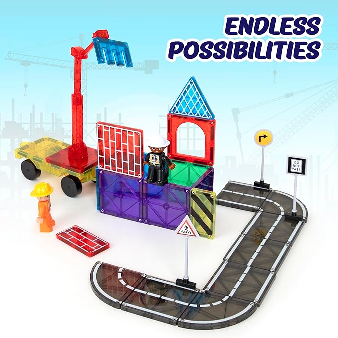 Playmags City Construction Magnetic Tiles Set, Building Blocks with Crane & Road Pieces, Educational STEM Toys for Boys & Girls Ages 3+ 52-Piece