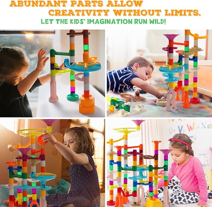 Marble Run, 166Pcs Marble Maze Building Block Toys for Kids, STEM Learning Toys Marble Track Race Set with 30 Glow in The Dark Glass Marbles Birthday Gift Toys for Boys & Girls Aged 3-12