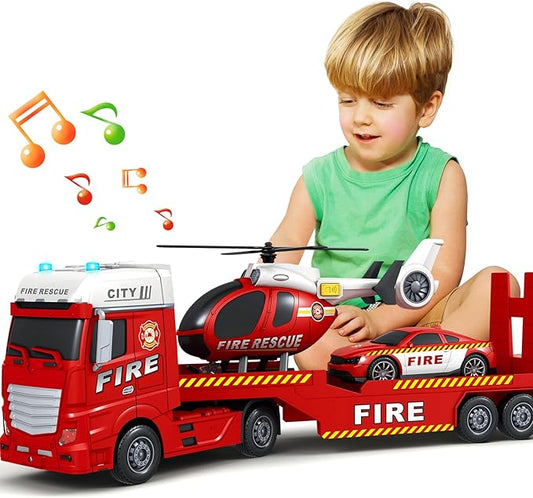 SpringFlower Large Fire Truck Toy with Racing Car and Helicopter, 3 in 1 Lights & Sounds, Christmas & Birthday Gift for Kids 3-6 Years