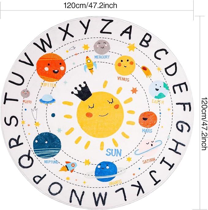 ABC Kids Rug,4 ft Washable Nursery Rug,Soft Plush Educational Circle Rug,Non-Slip Solar System Alphabet Rug for Classroom playroom Bedroom Kids Room Decor