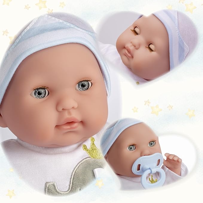 15" Realistic Soft Body Baby Doll with Open/Close Eyes | JC Toys - Berenguer Boutique | 10 Piece Gift Set with Bottle, Rattle, Pacifier & Accessories | Blue | Ages 2+