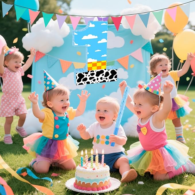 16 Inch Number 1 White Cloud Pinata with 16 Inch Piñata Stick Blindfold Confetti for Boy Girl Kids 1st Birthday Party Decorations(1st)