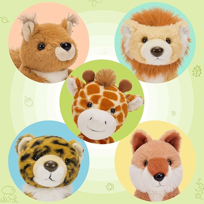 Muiteiur 5 Piece Forest Stuffed Animals,7.1 Inch Cute Jungle Plush Toys, Stuffed Animal Bulk (Tiger,Lion,Fox,Giraffe, Squirrel),Gift for Kids