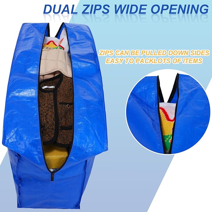 Windyun 4 Pack 75 Gallon Extra Large Storage Bags XXL Moving Bags with Zipper Handles Heavy Duty Jumbo Big Totes Box for Halloween Skeleton 4-12 Feet Christmas Tree Storage College Dorm Cloth (Blue)