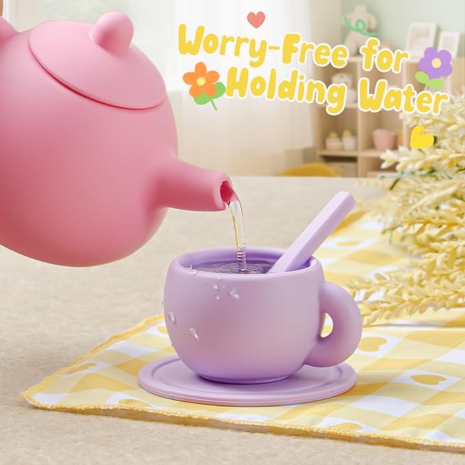 Golray Silicone Tea Sets for Toddlers 3-5, 22pcs Washable Tea Party Set with Storage Box/ Picnic Cloth, Pretend Play Kitchen Accessories Birthday Gifts Girls Toys for Kids 3 4 5 6 Years Old