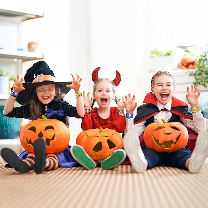 48 Pcs Halloween Slap Bracelets, 12 Styles for Halloween Party Favors, Assorted Bulk Pumpkin Zombie Witches Snap Bracelet Wristbands for Kids Halloween Party Gift Bag Filler Supply