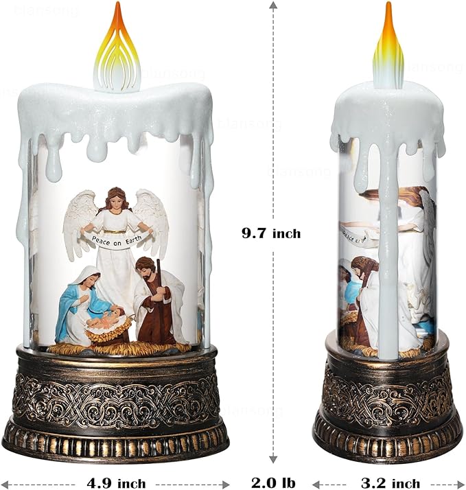 Nativity Snow Globes Candle Home Decor Accent Auto Snowfall Glitter Music Collection Angel Nativity Scene Peace on Earth with 6H Timer USB/Battery Powered 9.7 inch
