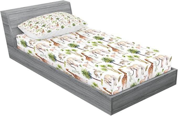 Ambesonne Watercolor Animal 2 Pack Fitted Sheet & Pillow Sham Set, Giraffe Savannah, 4 Pcs Bedding Decor, Package Contains 2 Twin Size Fitted Sheets & 2 Pillow Covers, Green Pale Brown
