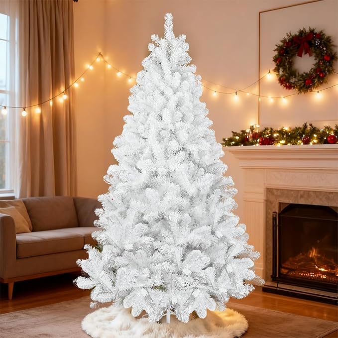 7.5ft White Christmas Tree with 1200 Steel Branch Tip,Unlit Premium Full Hinged Spruce Christmas Tree with Foldable Base, Artificial Xmas Tree for Easy Holiday Setup
