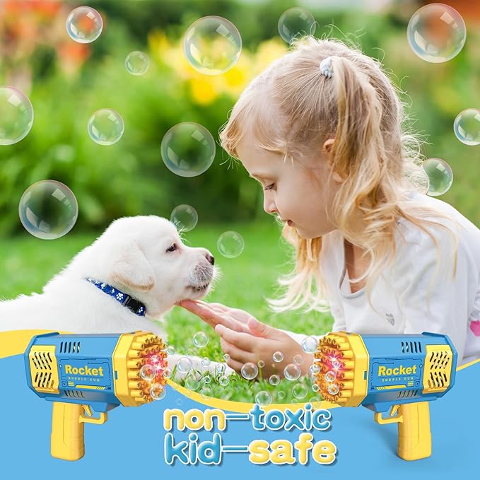 2 Bubble Gun with 2 Bottles Refill Solution for Kids, 40-Hole Light Up Rocket Bubble Machine for Toddlers 1-3, Blue Bubble Blaster Maker, Party Favors Toys for Boys Girls 4-8 Birthday Gifts