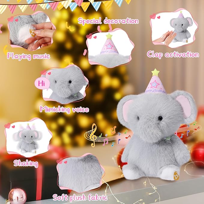 Birthday Elephant Plush Toy Clap Activated with Voice Recording Singing Dancing Interactive Stuffed Animal Gift for Toddler Kids Boys Girls