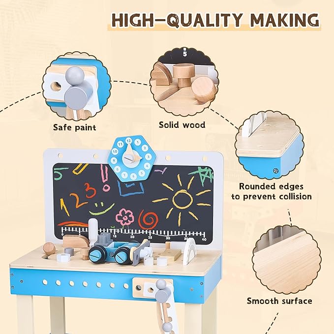 Kids Tool Set, Wooden Kids Tool Workbench Playset with STEM Construction Toys, Toddler Tool Bench with Ample Storage Space and Blackboard, Creative Gifts Tool Bench for Kids Ages 3-7, Dark Blue