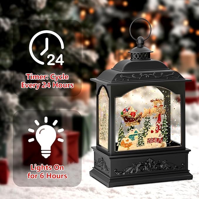 Musical Christmas Snow Globe Lantern with Flying Santa, Swirling Glitter Lighted Water Lantern, 6H Timer, USB or Battery Powered Holiday Decoration