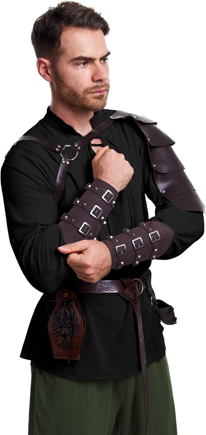 8 Pcs Men's Renaissance Costume Halloween Medieval Pirate Shirt Pant Viking Costume Accessories Set