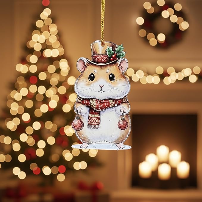 6Pcs Christmas Hamster Acrylic Ornament, Cute Animal Hanging Decorations for Christmas Tree, Holiday Home Decor