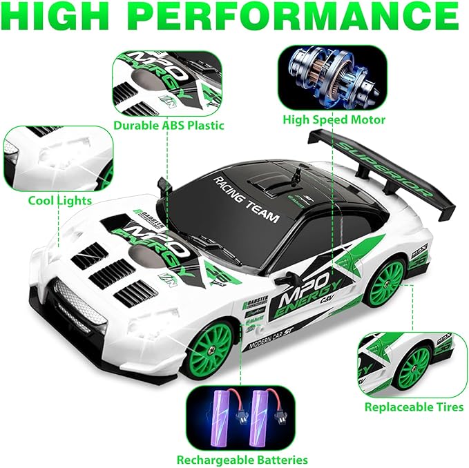 Remote Control Car RC Drift Car 2.4GHz 1:24 Scale 4WD 15KM/H High Speed, Rechargeable High Speed RC Cars with Cool Lights, Two Batteries and Extra Tires Toys for Kids