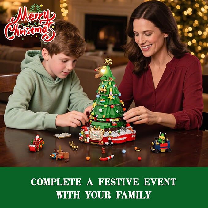 JAKI Christmas Tree Building Set, Rotating Music Box Christmas Tree with Lights, Christmas Decorations for Tabletop & Home, for Boys & Girls Ages 8+