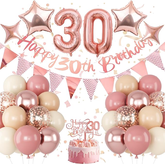 30th Birthday Decorations for Women, Retro Pink Beige Number 30 Balloon Set Happy 30th Birthday Banner Cake Topper Dusty Pink Nude Rosegold Star Balloons for Her 30 Year Old Bday Party Decor