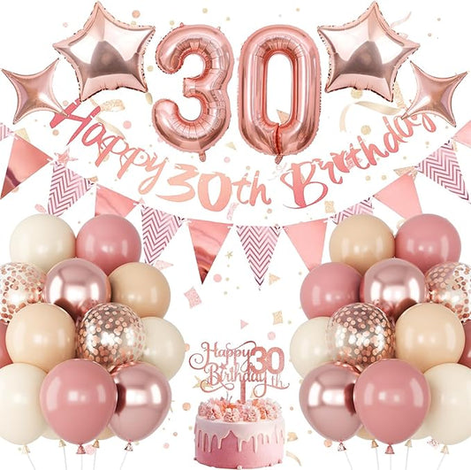 30th Birthday Decorations for Women, Retro Pink Beige Number 30 Balloon Set Happy 30th Birthday Banner Cake Topper Dusty Pink Nude Rosegold Star Balloons for Her 30 Year Old Bday Party Decor