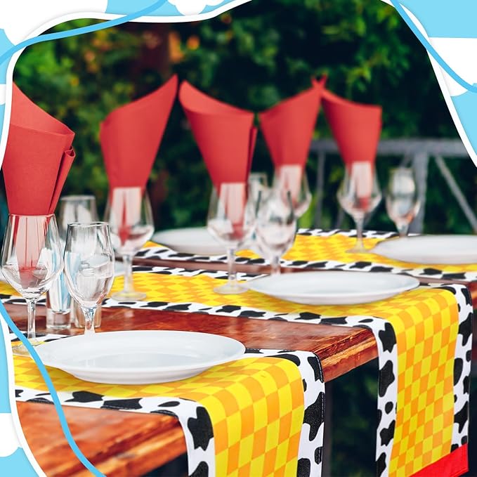 6 Pcs Cartoon Table Runner Cartoon Birthday Party Supplies Cow Pattern Printed Check Table Decor Tablecloth Party Supplies,13 x 72 in (Classic)