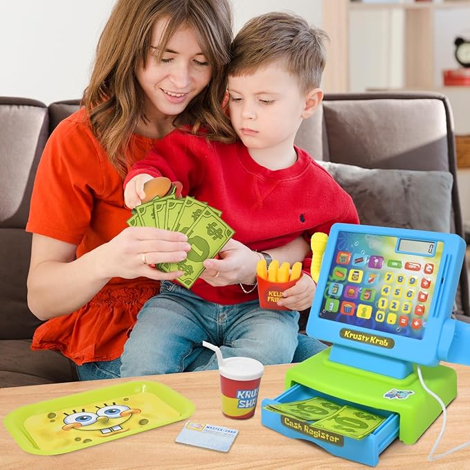 SpongeBob SquarePants Pretend Play Cash Register Toy with Sounds and Lights for Kids Krusty Krab Play Scanner and Fake Food for Boys Girls Toddlers