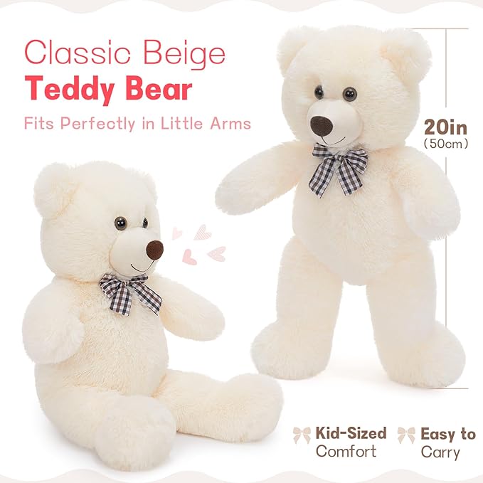 MorisMos Bow Tie Teddy Bear Stuffed Animal, 20 Inch Classic Stuffed Bears Plush, Cuddly Hugging Bear Gift for Toddler, Kids, Baby Shower & Birthday, White