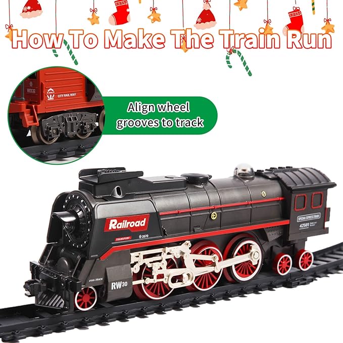Train Set, Christmas Train Sets for Around The Tree Electric Train with Steam, Lights and Sound, Model Train Set for Kids Toy Gifts for 3 4 5 6 7 8+ Years Old (No Remote)
