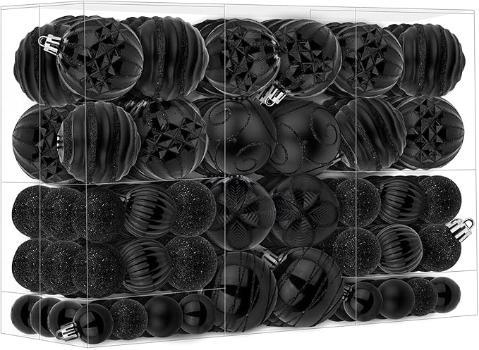 100Pcs Christmas Ball Ornaments Set, Shatterproof Plastic Black Christmas Ornaments for Xmas Tree, Assorted Baubles Hanging Decorations for Holiday/Party/Wedding (Black)