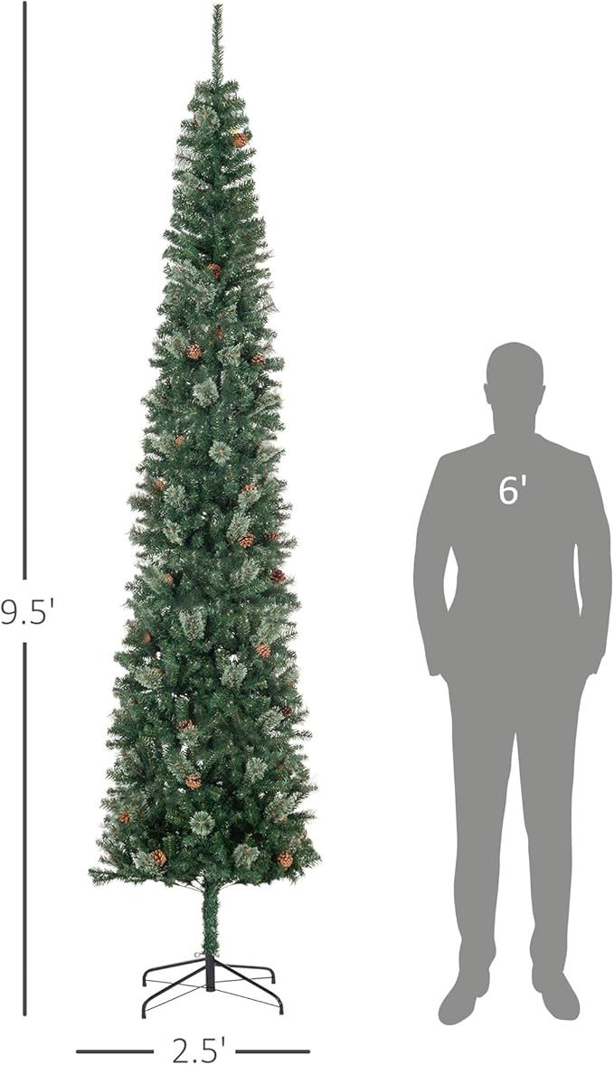 HOMCOM 9.5 Foot Pencil Artificial Christmas Tree, Slim Pine Needles Xmas Tree with Realistic Branches, Pine Cones, Metal Base, Green