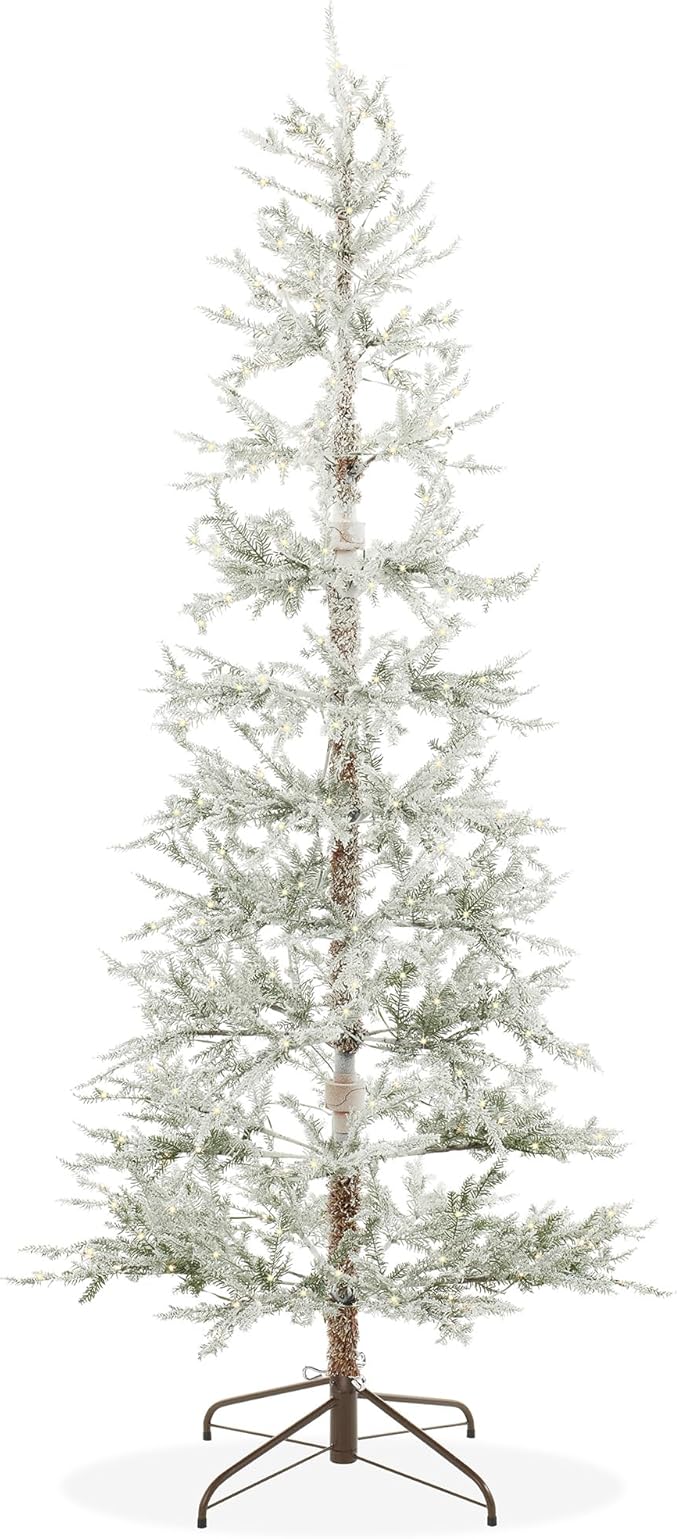 Casafield 7.5FT Pre-Lit Sparse Flocked Pine Artificial Holiday Christmas Tree, Warm White and Multicolored LED Lights with Sturdy Metal Stand