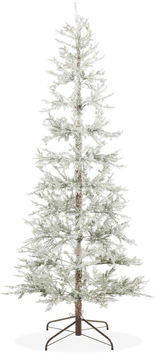 Casafield 7.5FT Pre-Lit Sparse Flocked Pine Artificial Holiday Christmas Tree, Warm White and Multicolored LED Lights with Sturdy Metal Stand