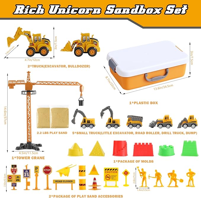 Sand Construction Site Kit - Play Sand Art Kit with 7 Construction Truck, 2lbs magic sand, Castle Molds, Crane, construction sensory bin for Preschool Learning Activities Gifts for Boys Girls Age 3+