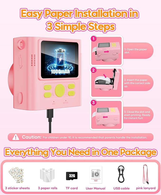 WONNIE Kids Camera Instant Print,1080P Selfie Digital Camera with 2.4" Screen & 32GB Card,Toddler Portable Toy for Ages 3-12,Christma-s Birthday Gifts for 3 4 5 6 7 8 9 Year Old Girls Pink