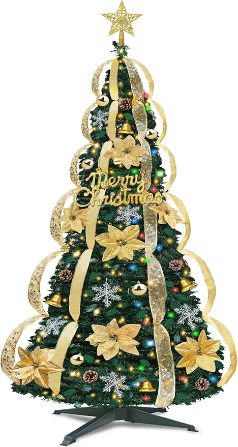 6Ft Pop Up Full Christmas Tree Prelit Dual Color Change and Pre-Decorated 80 Ornaments 1 Minute Christmas Tree 200 Warm White&Colored Lights Timer 8 Mode UL Plug in Collapsible Xmas Tree Holiday Decor