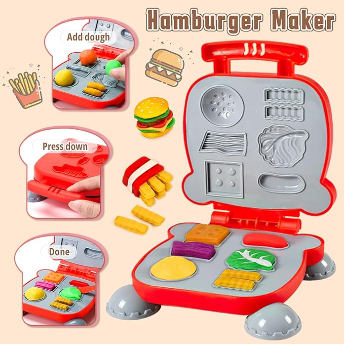 4 in 1 Dough Sets 70 PCS for Kids Ages 4-8, Dough Tools Kit with Ice Cream Noodle Hamburger Cake Maker Machine, Kitchen Creations Art Crafts Food Play Toys for Boys Girls Ages 3+