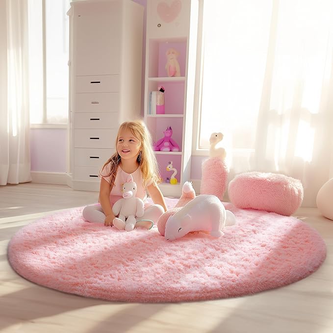 Ophanie Pink Rug for Bedroom Girls, Kids Fluffy Kawaii Fuzzy Furry Shag Area Rug, Cute Plush Soft Shaggy Bedside Round Rugs 4Ft, Indoor Circle Carpet for Teen Nursery Dorm Home Room Decor Aesthetic